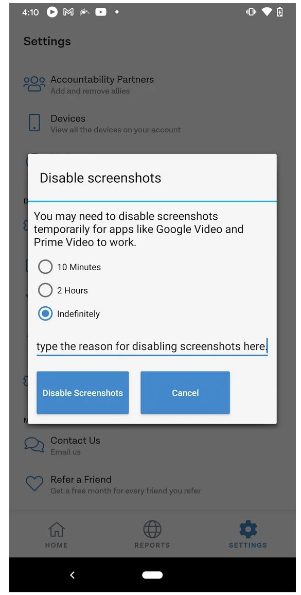 Disabling screenshots