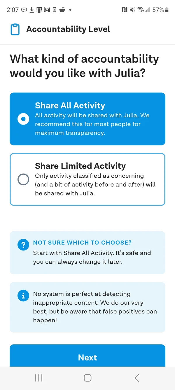 Choose your level of accountability screen: Share All Activity or Share Limited Activity